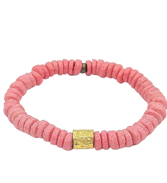 CAMÉLÉON DORÉ - bracelet rose- perles africaines krobo