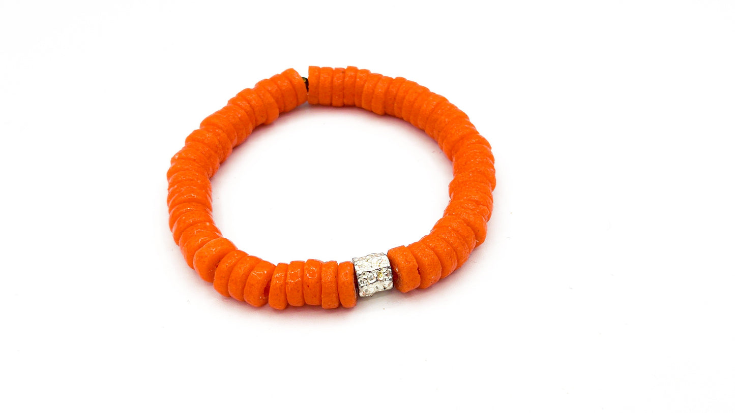 CAMÉLÉON ARGENT - bracelet orange- perles africaines krobo