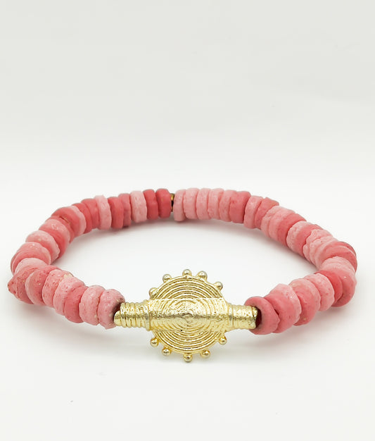 CAMÉLÉON.             Bracelet rose.                Perle akan couleur or