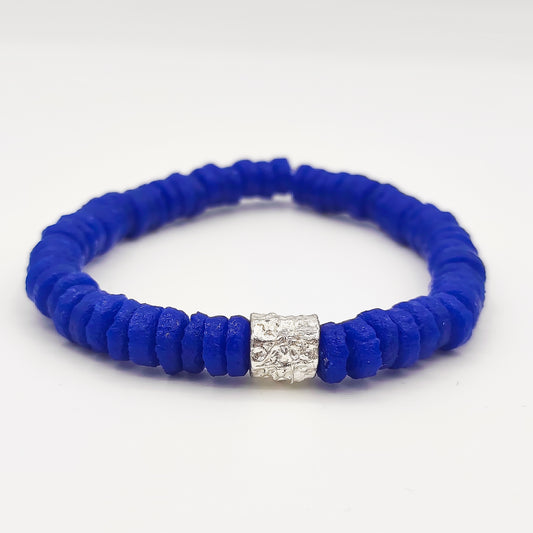 CAMÉLÉON ARGENT - Bracelet bleu- perles africaines krobo