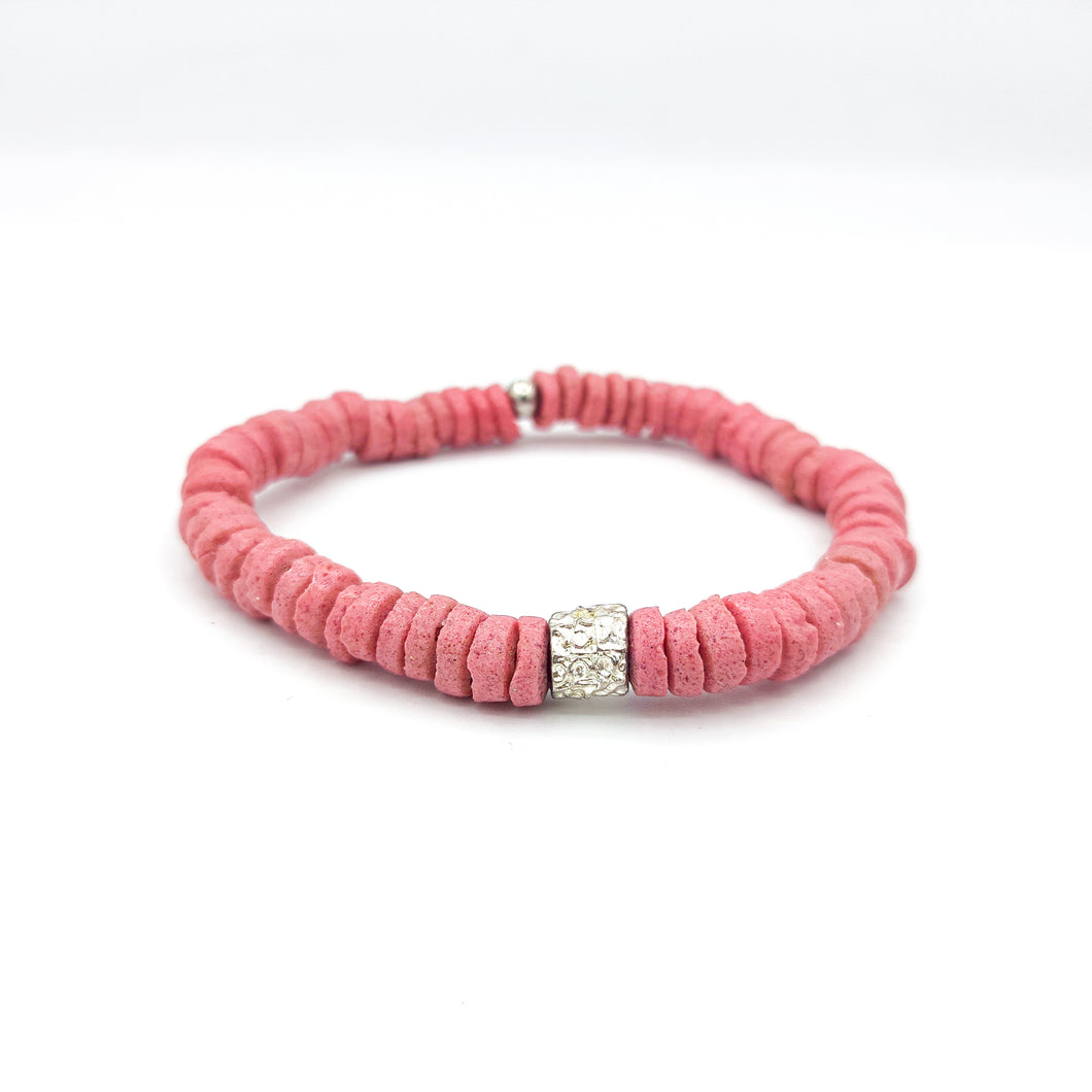 [[ CAMÉLÉON ARGENT ]] - Bracelet rose- perles africaines krobo