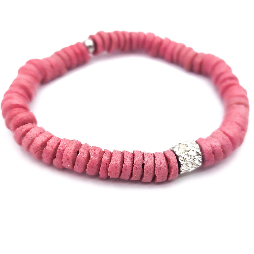 CAMÉLÉON ARGENT - Bracelet rose- perles africaines krobo