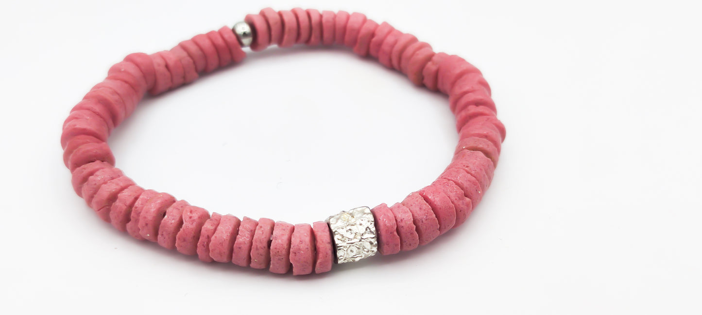 CAMÉLÉON ARGENT - Bracelet rose- perles africaines krobo