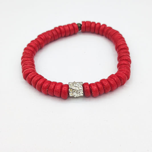 CAMÉLÉON ARGENT - bracelet rouge- perles africaines krobo