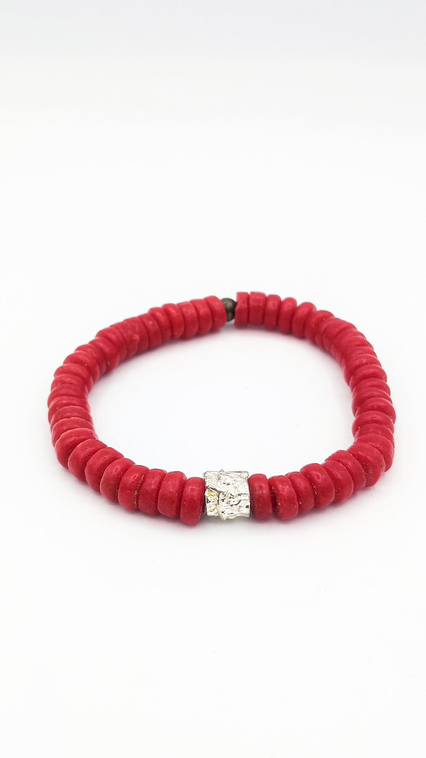 CAMÉLÉON ARGENT - bracelet rouge- perles africaines krobo