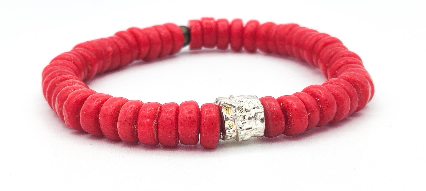 CAMÉLÉON ARGENT - bracelet rouge- perles africaines krobo