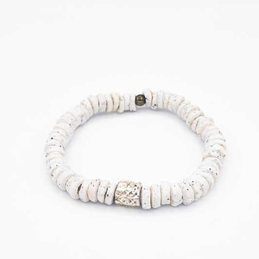 CAMÉLÉON ARGENT- bracelet blanc sel et poivre- perles africaines krobo