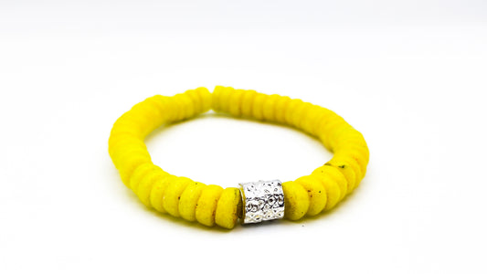 CAMÉLÉON ARGENT - bracelet jaune fluo- perles africaines krobo