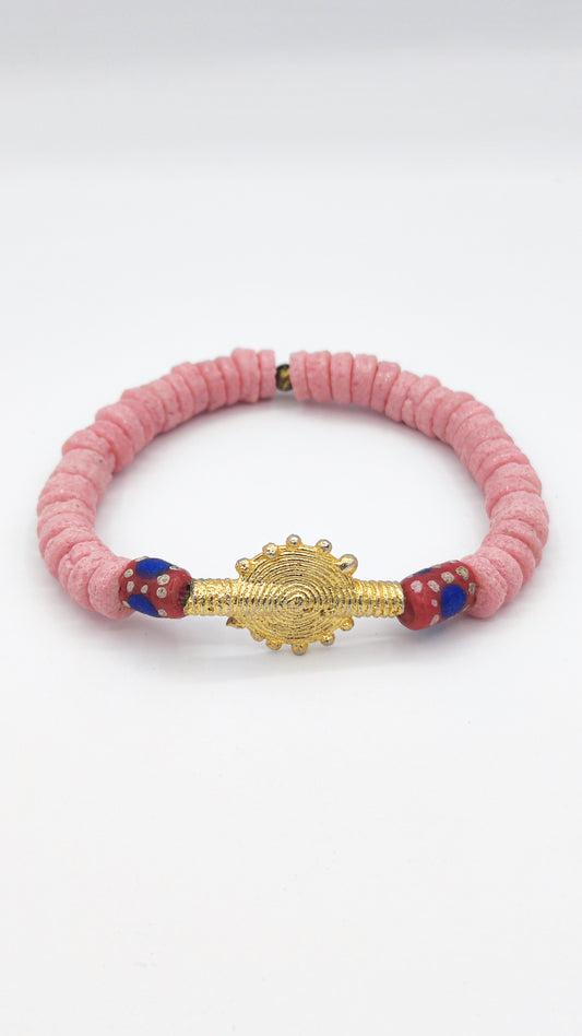 CAMÉLÉON FLORAL - Bracelet rose et rouge en perles africaines Krobo