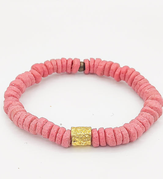 CAMÉLÉON DORÉ - bracelet rose- perles africaines krobo