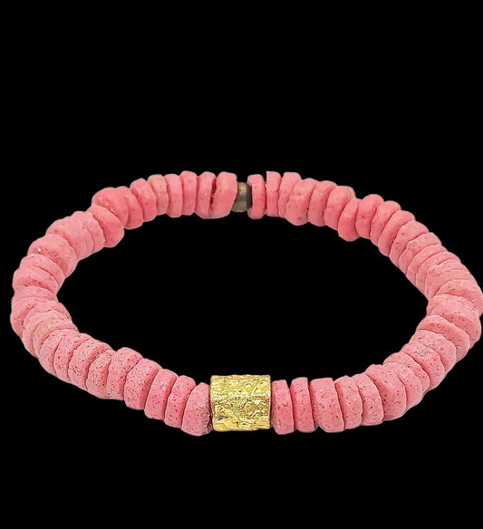 CAMÉLÉON DORÉ - bracelet rose- perles africaines krobo