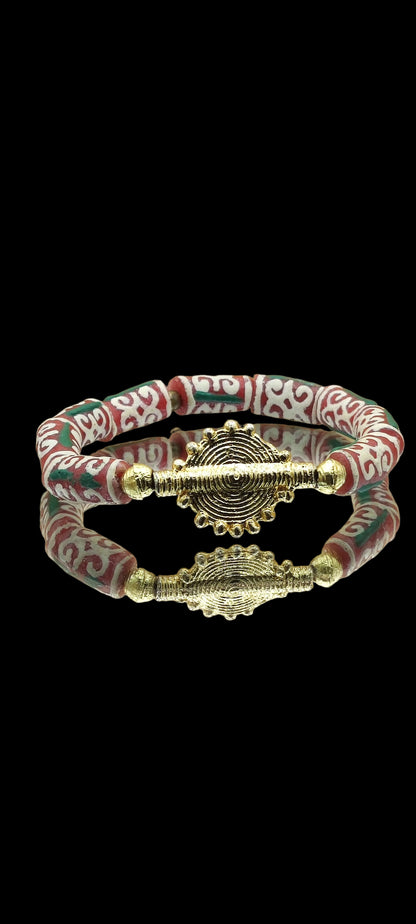 [[ ALVÉOLE]] - pulsera roja y beige - cuentas africanas Krobo - peso solar akan