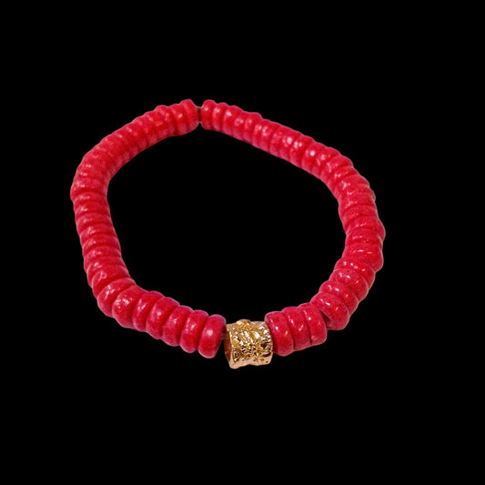 CAMÉLÉON DORÉ - bracelet rouge- perles africaines krobo